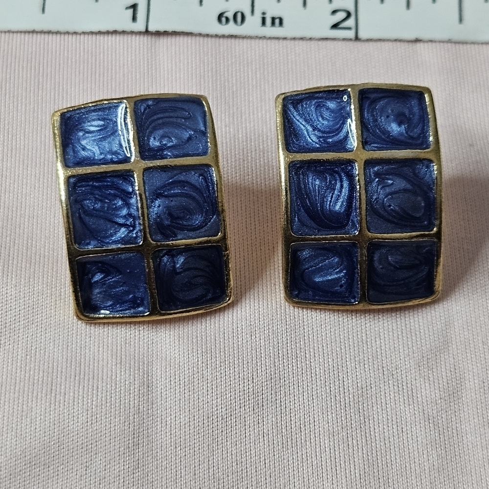 Vintage blue enamel gold tone unique earrings